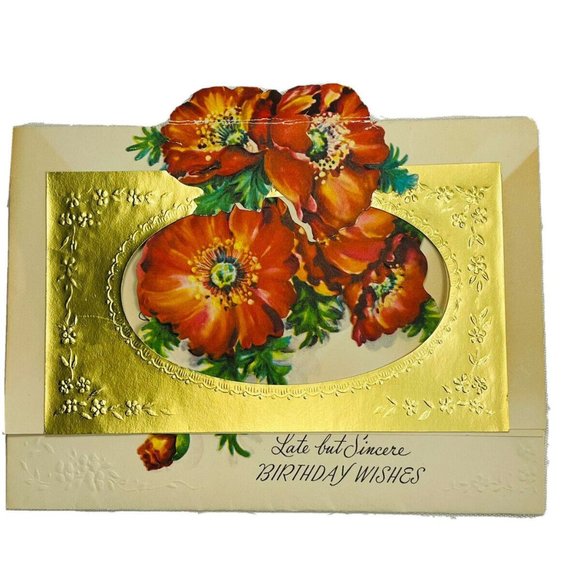 Vintage UNUSED Belated Birthday Poppy Die-Cut Embossed Artistic Greeting Card - Picture 2 of 14